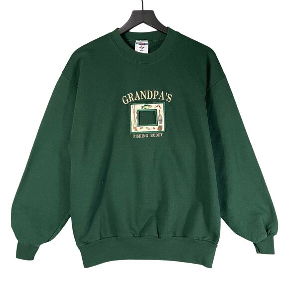 Vintage Jerzees Grandpa’s Fishing Buddy Green Sweatshirt L Made in USA Funny - Picture 1 of 8